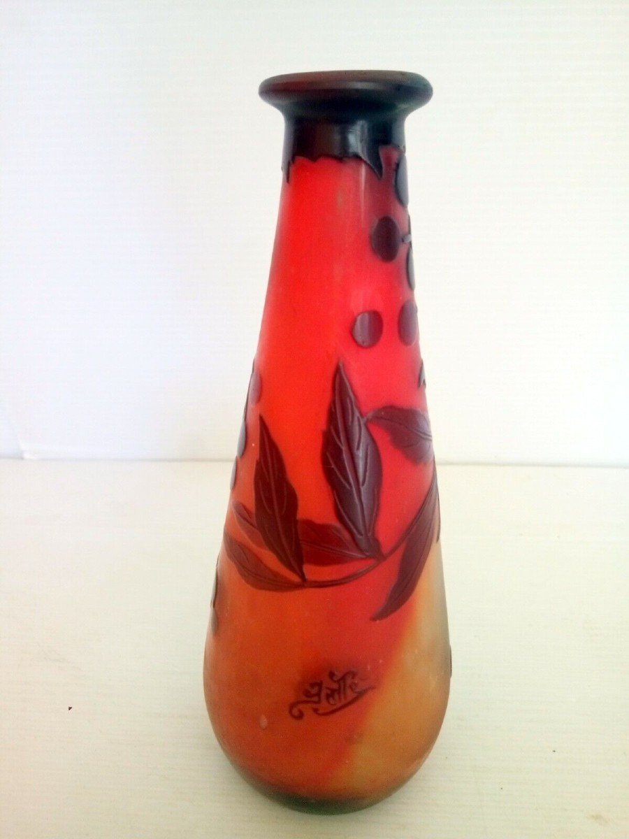 Vase Galle Pate De Verre Grave A l'Acide Decor Fruits Epoque Art Nouveau-photo-3