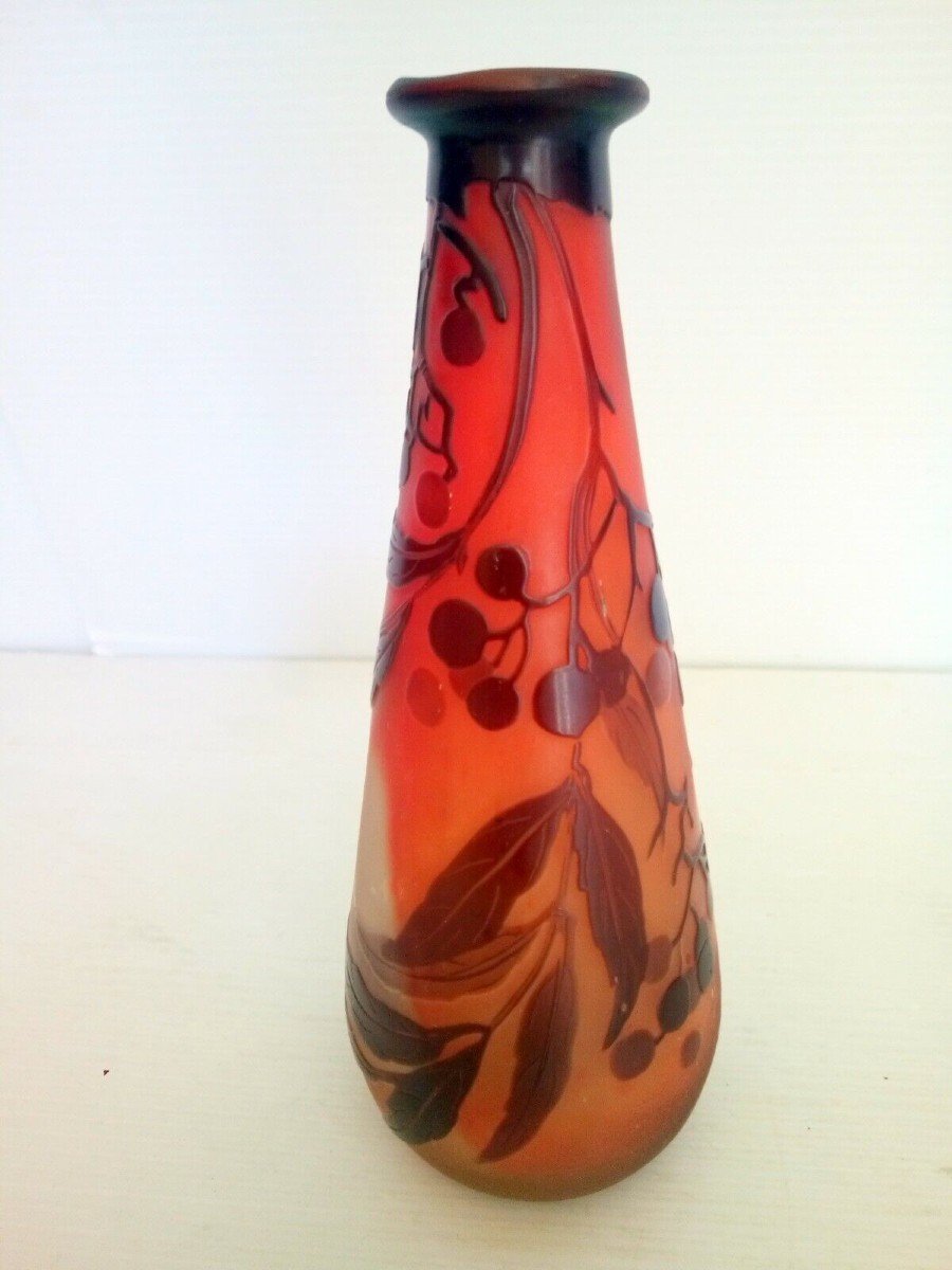 Vase Galle Pate De Verre Grave A l'Acide Decor Fruits Epoque Art Nouveau-photo-2