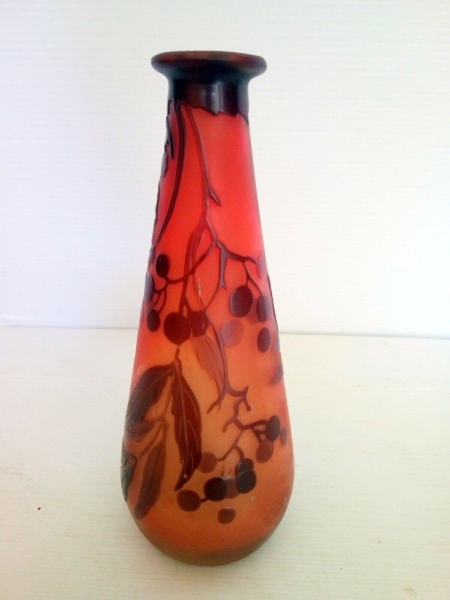 Vase Galle Pate De Verre Grave A l'Acide Decor Fruits Epoque Art Nouveau
