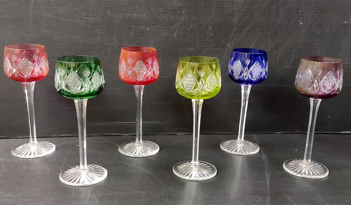 6 Verre A Vin Du Rhin Cristal Overlay Signe Baccarat Modele Flandre Ht 19 Cm