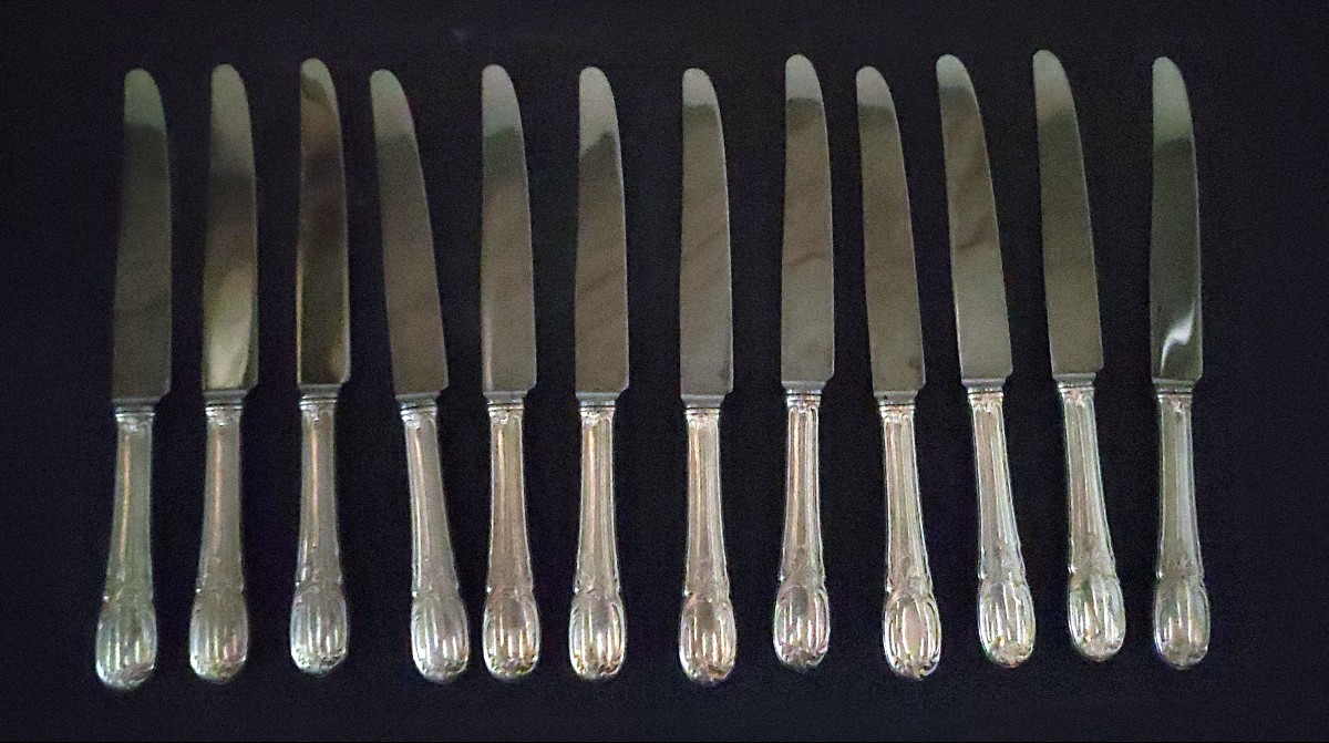 Lcf 12 Table Knives Silver Plate Poincon 18 Gr Louis XV Style-photo-4