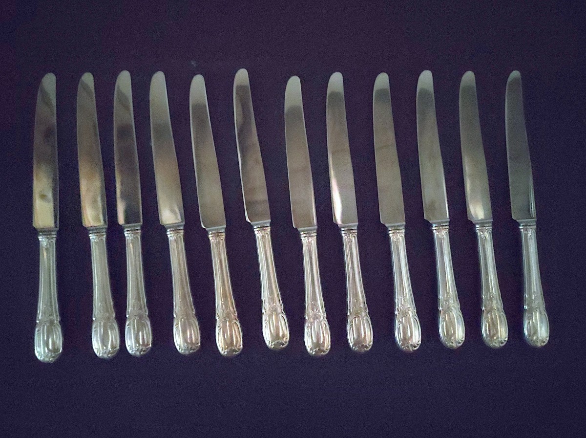 Lcf 12 Table Knives Silver Plate Poincon 18 Gr Louis XV Style