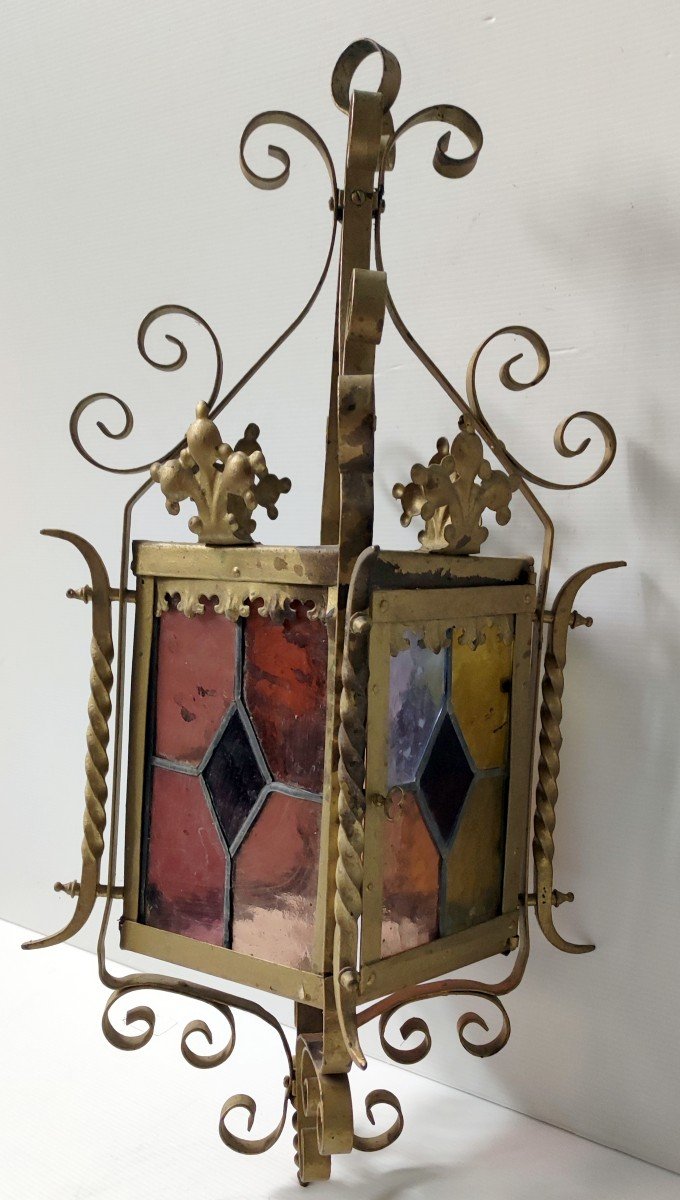 Lanterne Vitraux Multicolore Montage Fer Forger Peint Dore XIXème