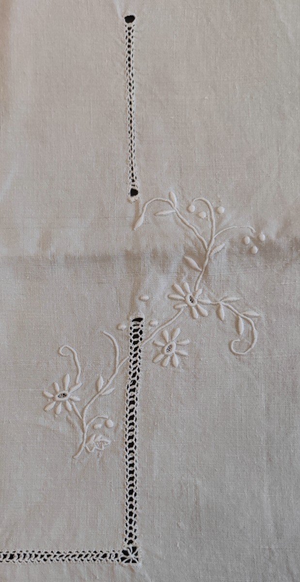 White Linen Sheet 388x232 Flower Frieze With Handmade Bobbin Embroidery Back-photo-5