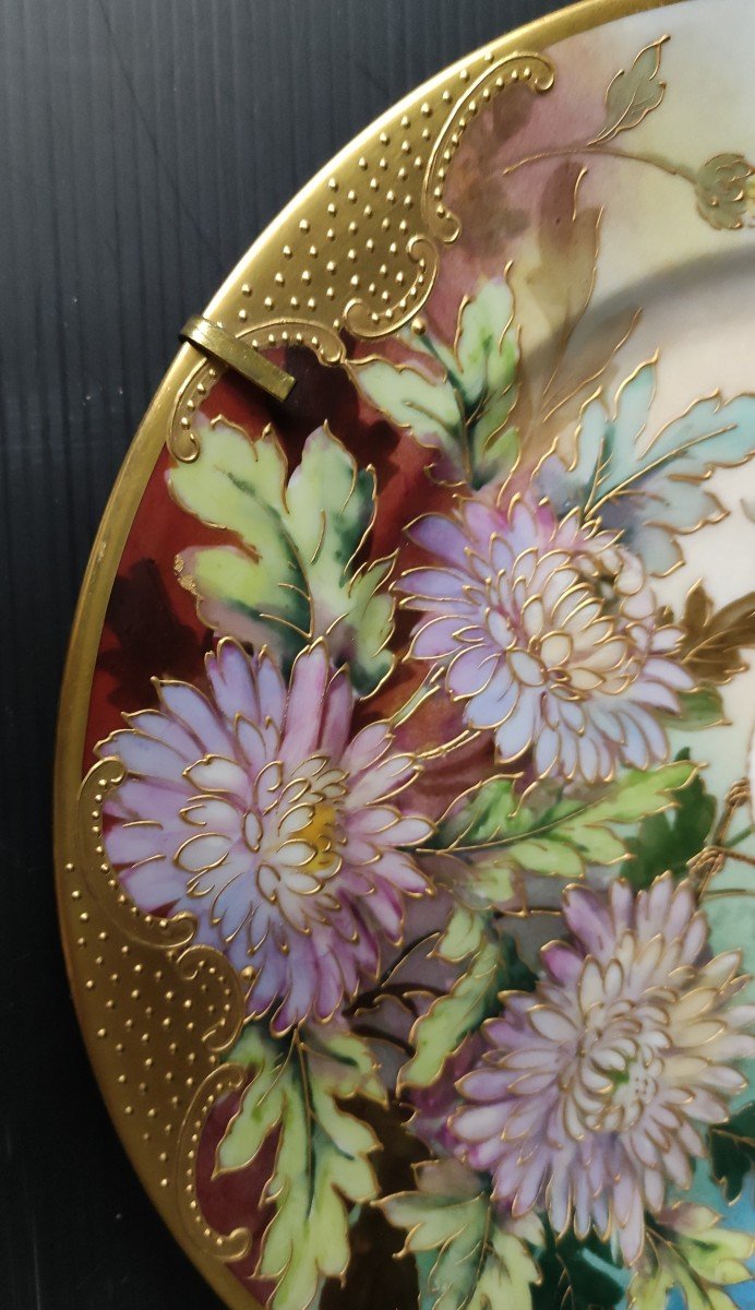 Pair Of Limoges Porcelain Decorative Plate Signed Ribes Decor Bird Enhanced Gold Gilding-photo-2