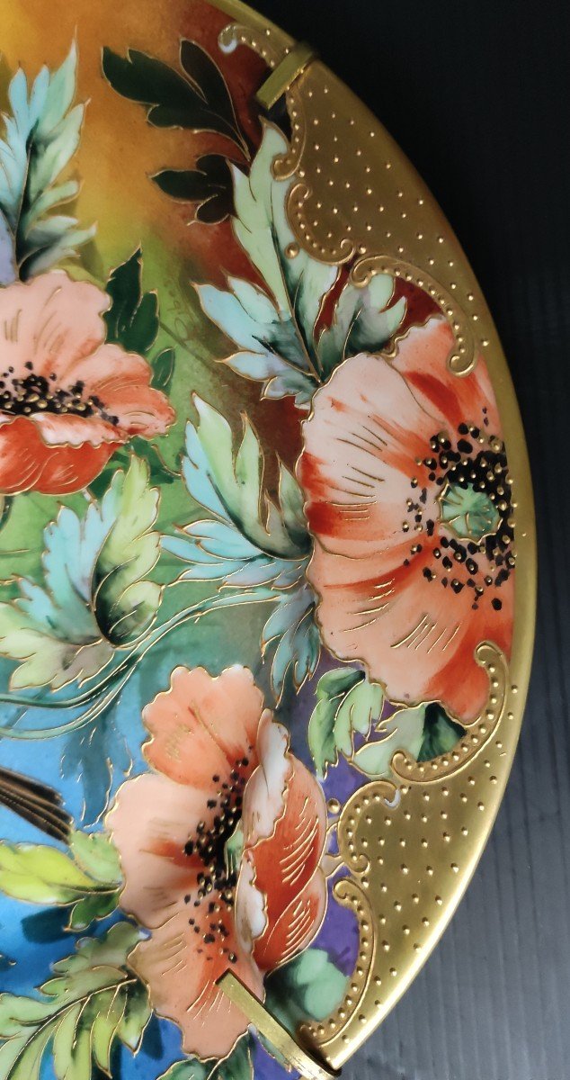 Pair Of Limoges Porcelain Decorative Plate Signed Ribes Decor Bird Enhanced Gold Gilding-photo-3