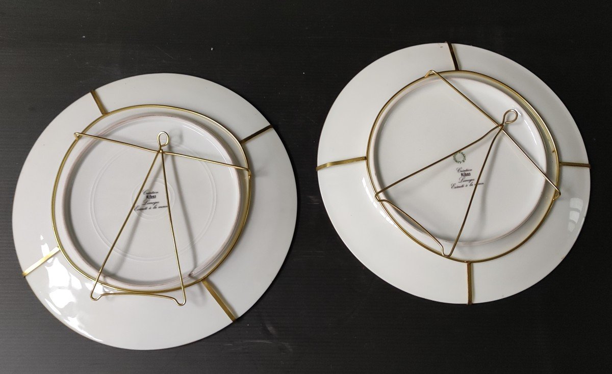 Pair Of Limoges Porcelain Decorative Plate Signed Ribes Decor Bird Enhanced Gold Gilding-photo-5