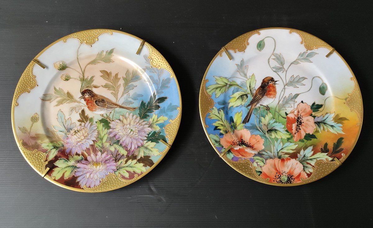 Pair Of Limoges Porcelain Decorative Plate Signed Ribes Decor Bird Enhanced Gold Gilding