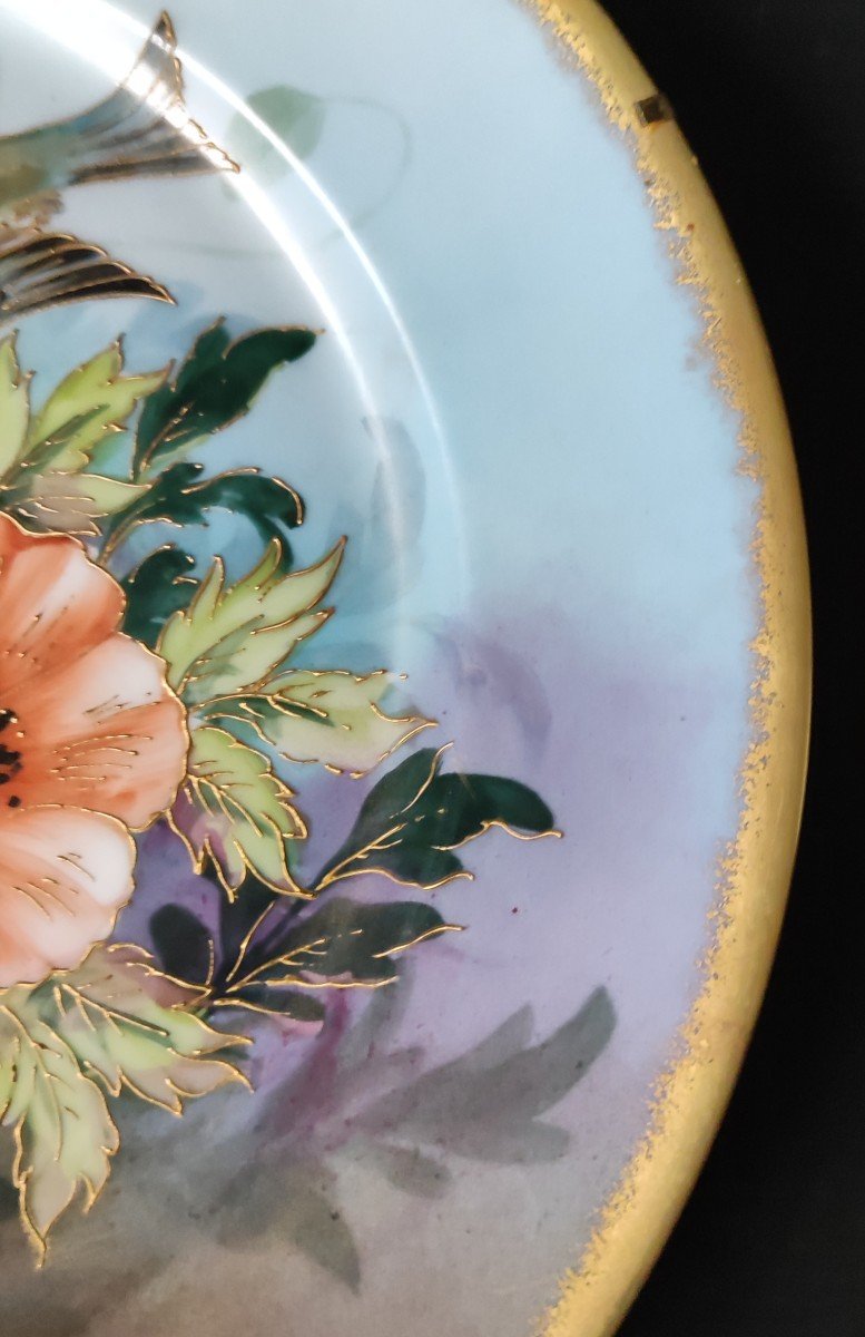Limoges Porcelain Decorative Plate Signe Ribes Decor Bird Enhanced Gold Gilding-photo-3