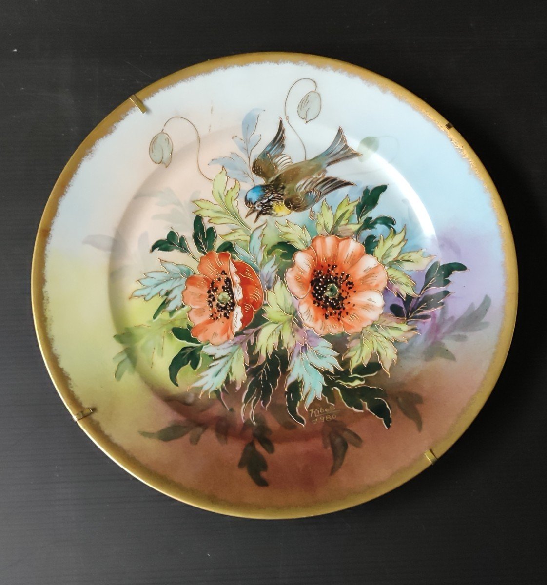 Limoges Porcelain Decorative Plate Signe Ribes Decor Bird Enhanced Gold Gilding
