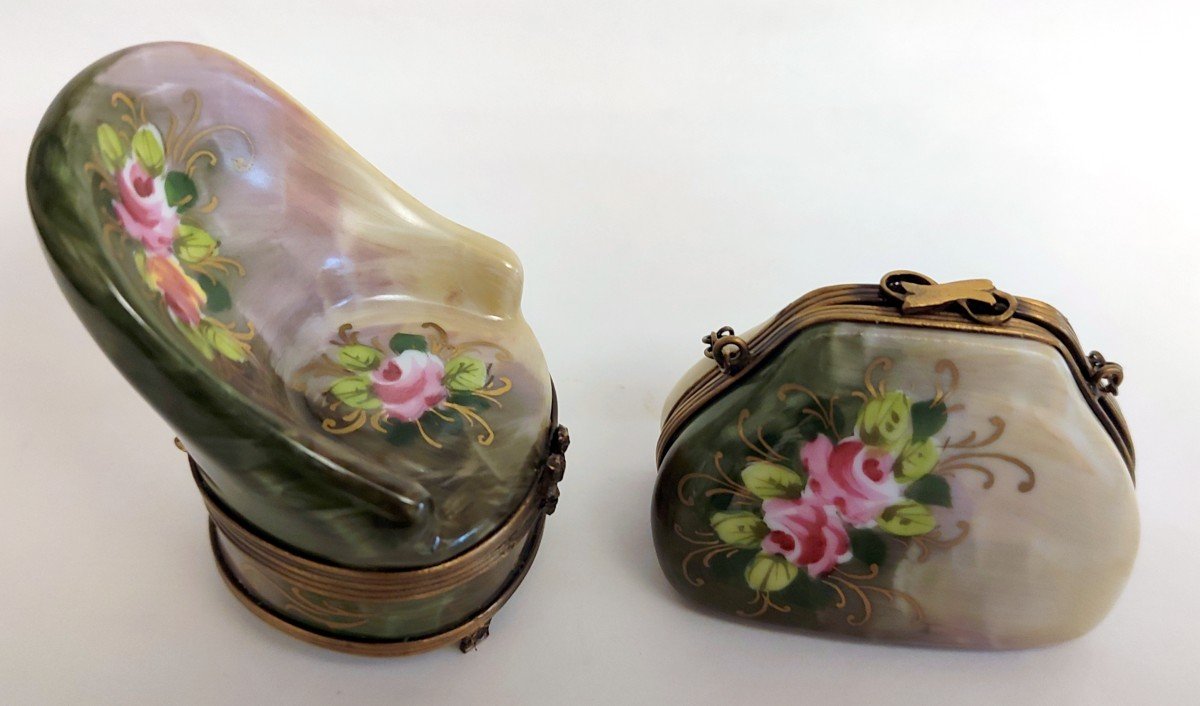 2 Bergere Shape Pill Box + Porcelain Bag Limoges Decorator G.r.  Ribierre-photo-1