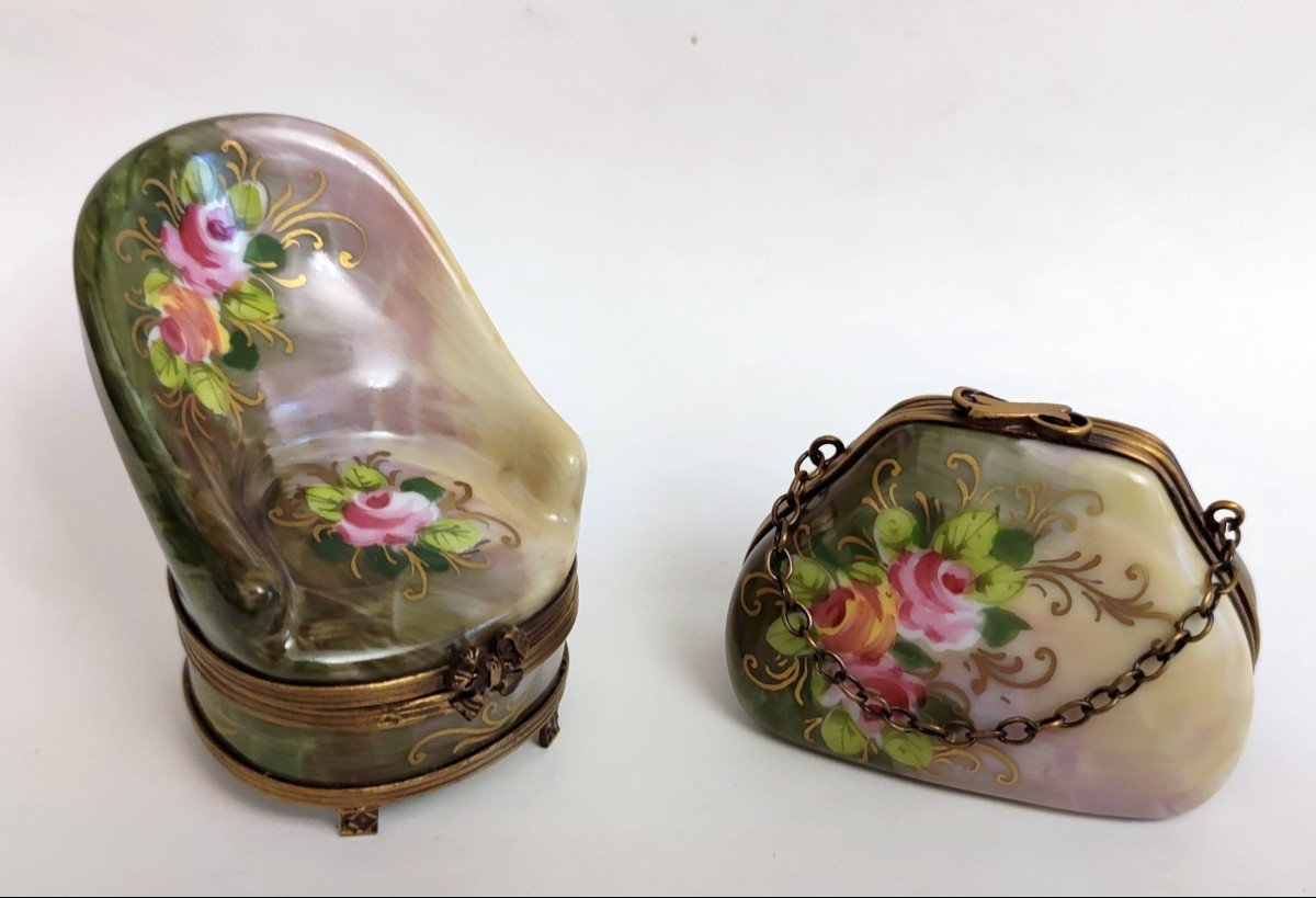 2 Bergere Shape Pill Box + Porcelain Bag Limoges Decorator G.r.  Ribierre