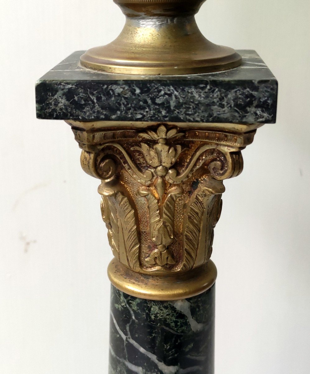 Lampe A Petrole Verre Emaille Marbre Et Bronze Tulipe Peinte Napoleon III-photo-4