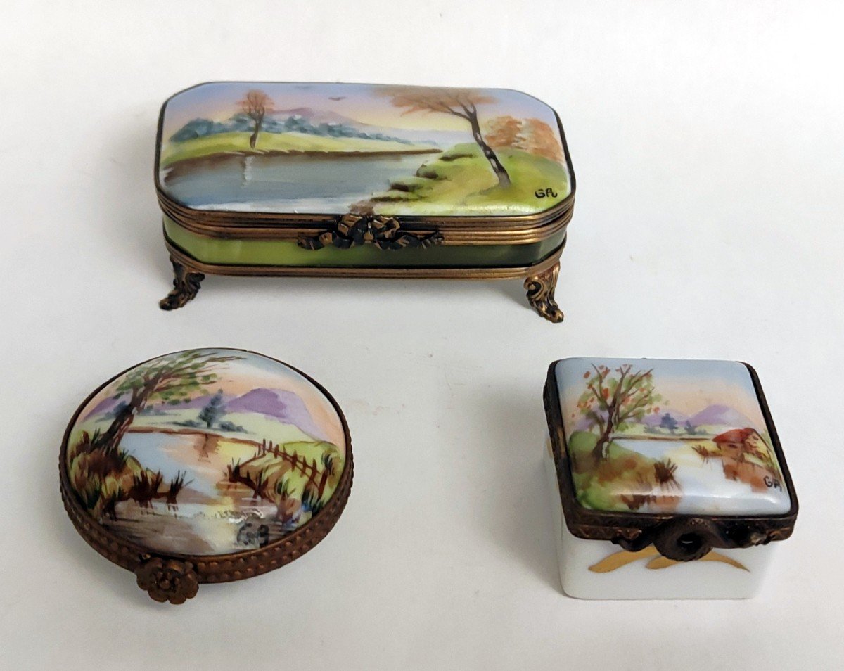 Lot 3 Pill Box Waterfront Landscape Decor Hand Painted Limoges Porcelain G. R. Ribierre