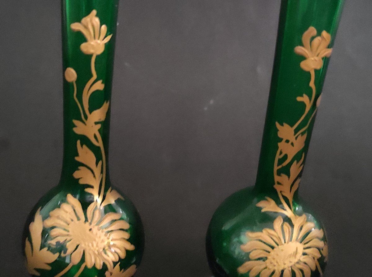Paire De Vase Soliflore Cristal Vert Email Dore A l'Or Fin Baccarat Decor Floral XIXé-photo-4