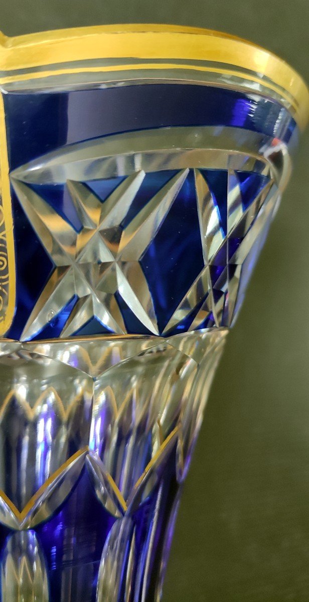 Double Size Crystal Vase Overlay Colbalt Blue And Gold St Louis Baccarat -photo-4