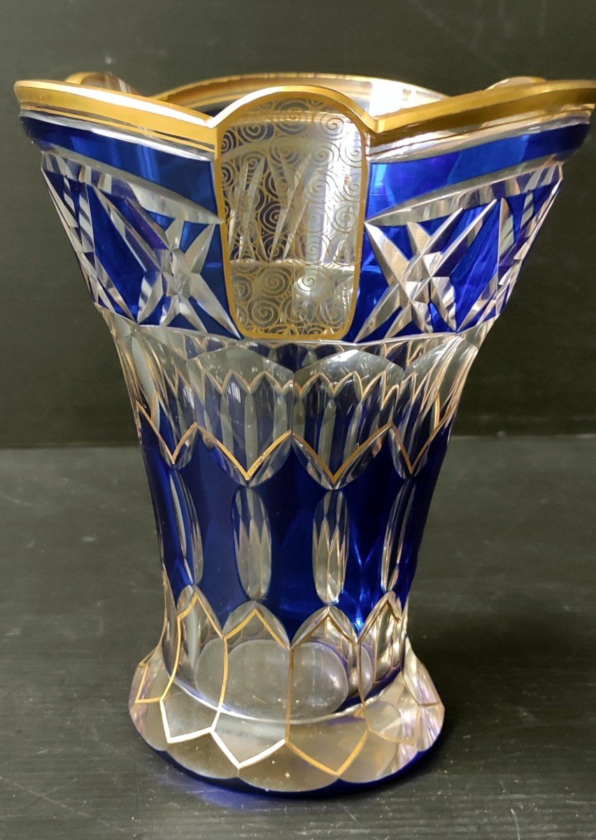Double Size Crystal Vase Overlay Colbalt Blue And Gold St Louis Baccarat 