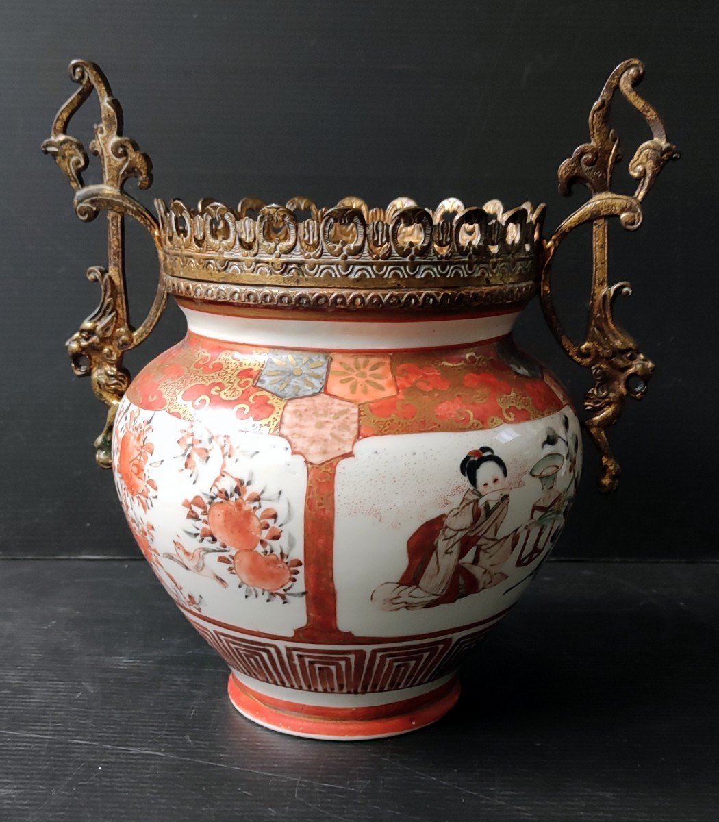 Petit Cache-pot Montage Bronze Decor Femme Et Fleur Ceramique Asiatique Imari  XIXè