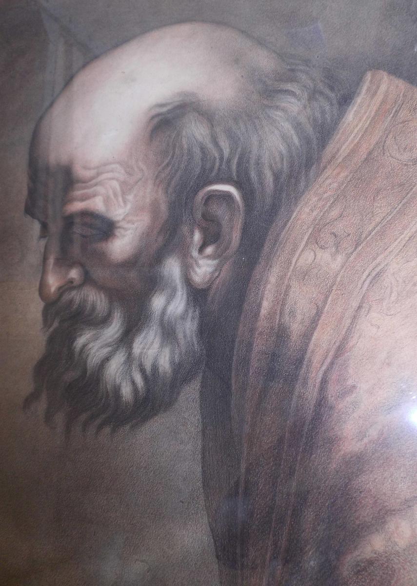 Sanguine Charcoal Painting A Portrait Of Nineteenth Scene Religious Altar St Jerome-photo-2