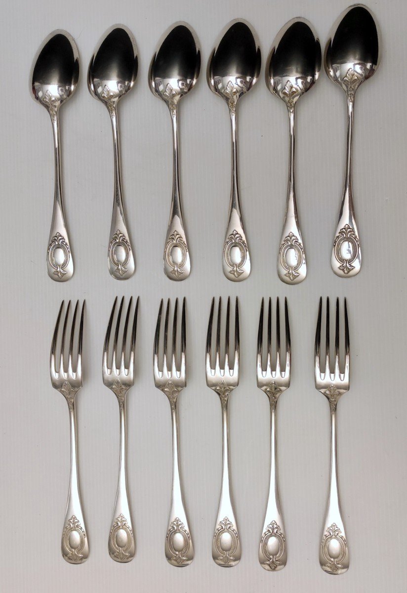 Menagere 12 Couvert 6 Cuillere 6 Fourchette Plaque Argent Poincon 60  Style Louis XV