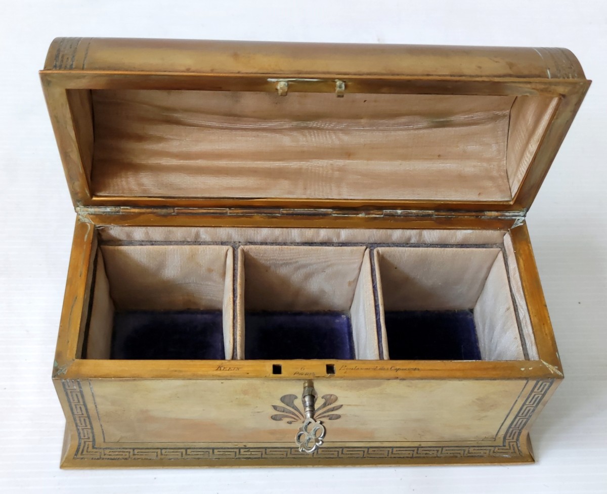 Coffret Bombe Boite A Flacons Bronze Dore Signe Klein Paris Cle Capitonnage XIXè Style Empire-photo-4