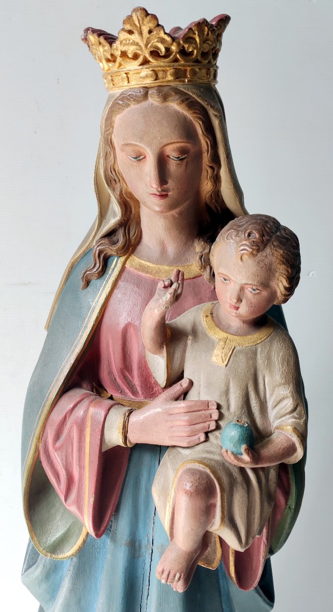 Statue Vierge A l'Enfant Bois Sapin Polychrome XIXè Ht 66 Cm Religieux-photo-1