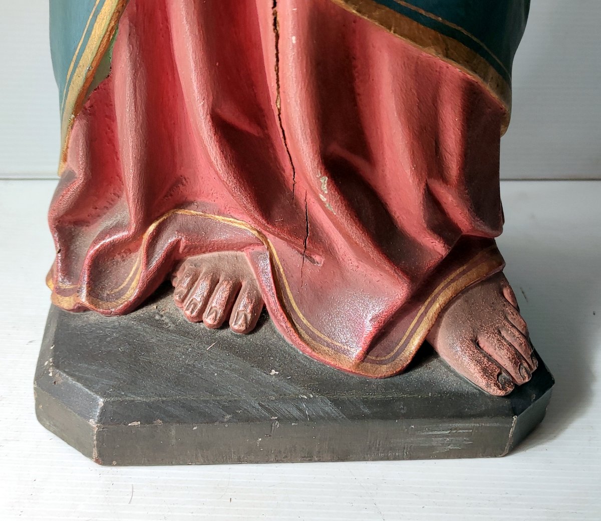 Statue Vierge A l'Enfant Bois Sapin Polychrome XIXè Ht 66 Cm Religieux-photo-3