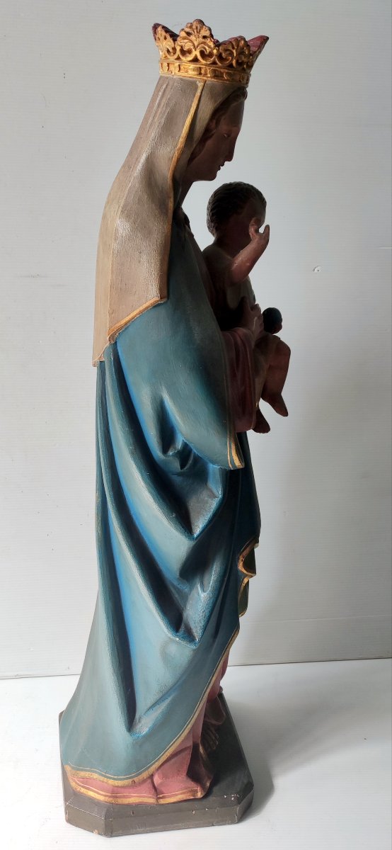 Statue Vierge A l'Enfant Bois Sapin Polychrome XIXè Ht 66 Cm Religieux-photo-6