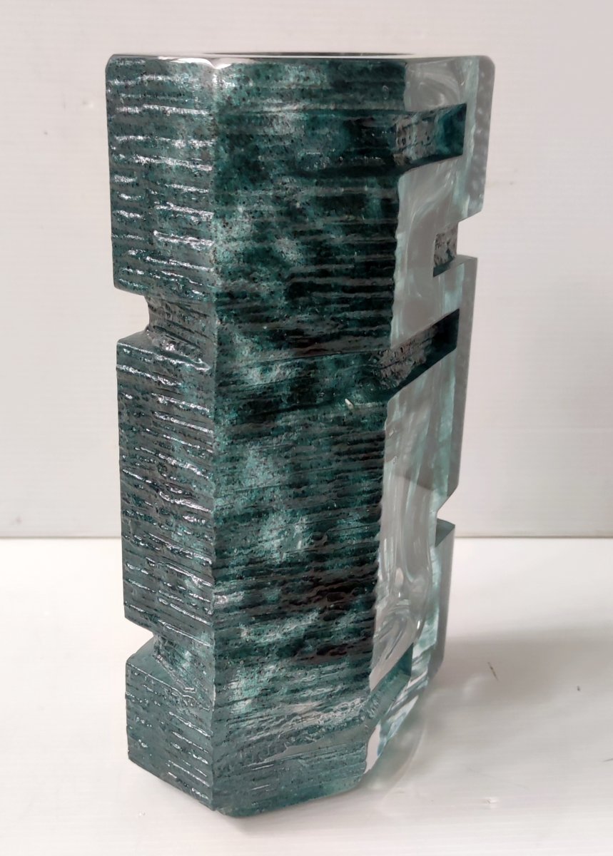 DAUM VASE CRISTAL VERT SIGNE DAUM FRANCE MODELE ARGOS CESAR BALDACCINI 1970 HT 22 CM-photo-2