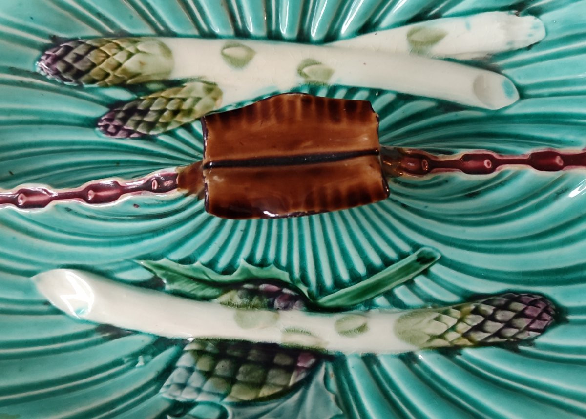 2-compartment Dish With Asparagus, Artichoke, Barbotine, Majolica Kg Luneville, 19th Century-photo-3