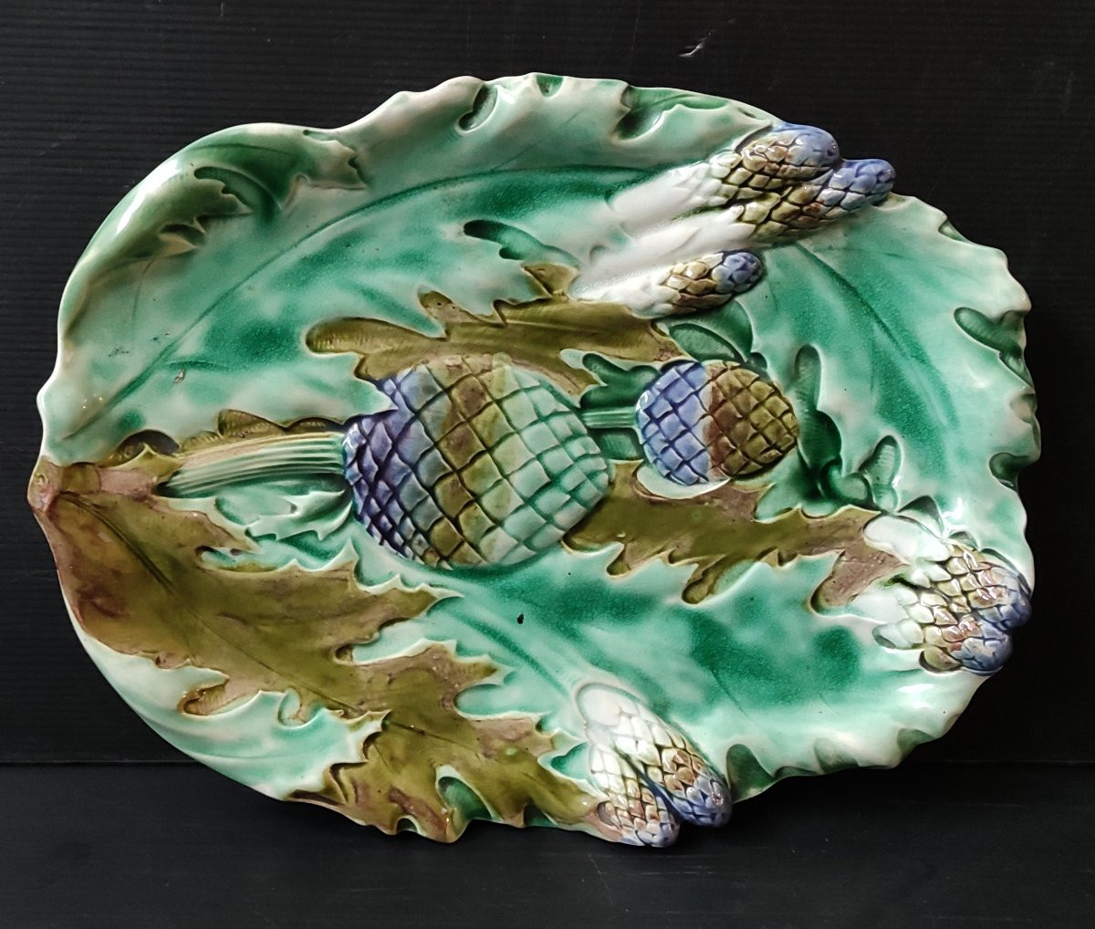 2-compartment Dish With Asparagus, Artichoke, Barbotine, Majolica Kg Luneville, 19th Century-photo-2