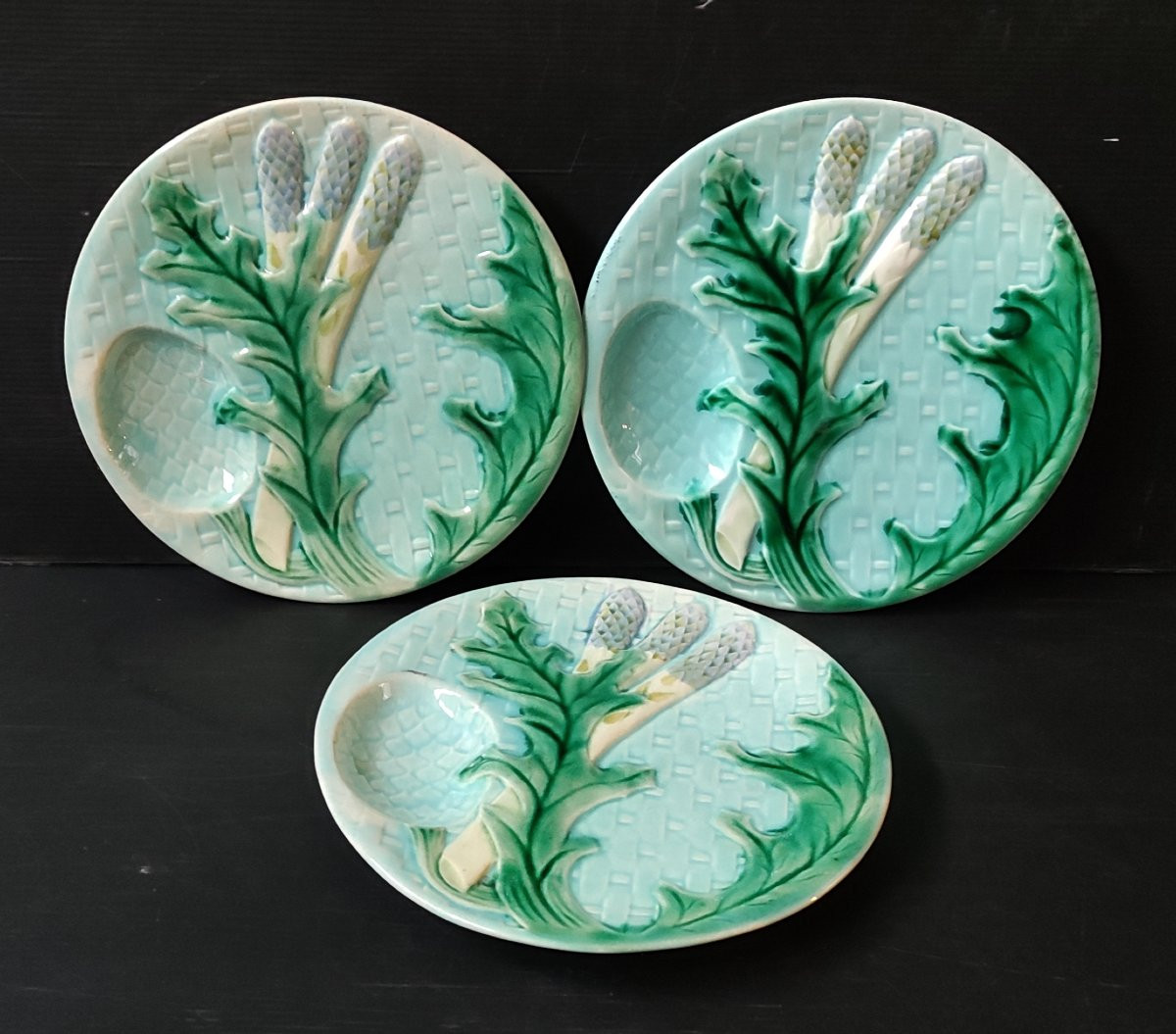 2-compartment Dish With Asparagus, Artichoke, Barbotine, Majolica Kg Luneville, 19th Century-photo-3