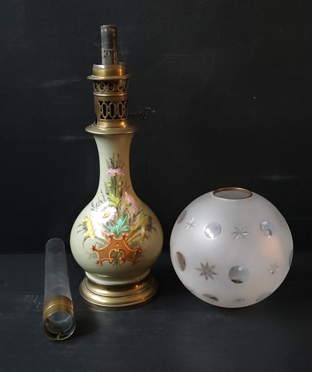 Earthenware Oil Lamp Floral Decor Globe Cut Crystal Baccarat Napoleon III-photo-3