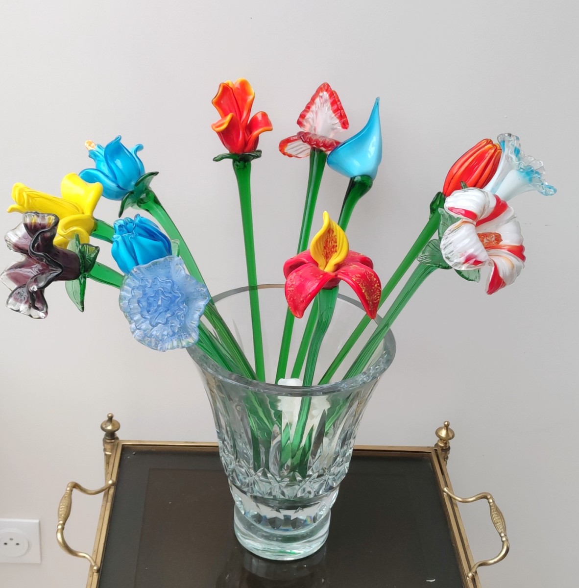 2 FLEURS AU CHOIX  AVEC TIGE VERRE SOUFFLE MURANO 1980