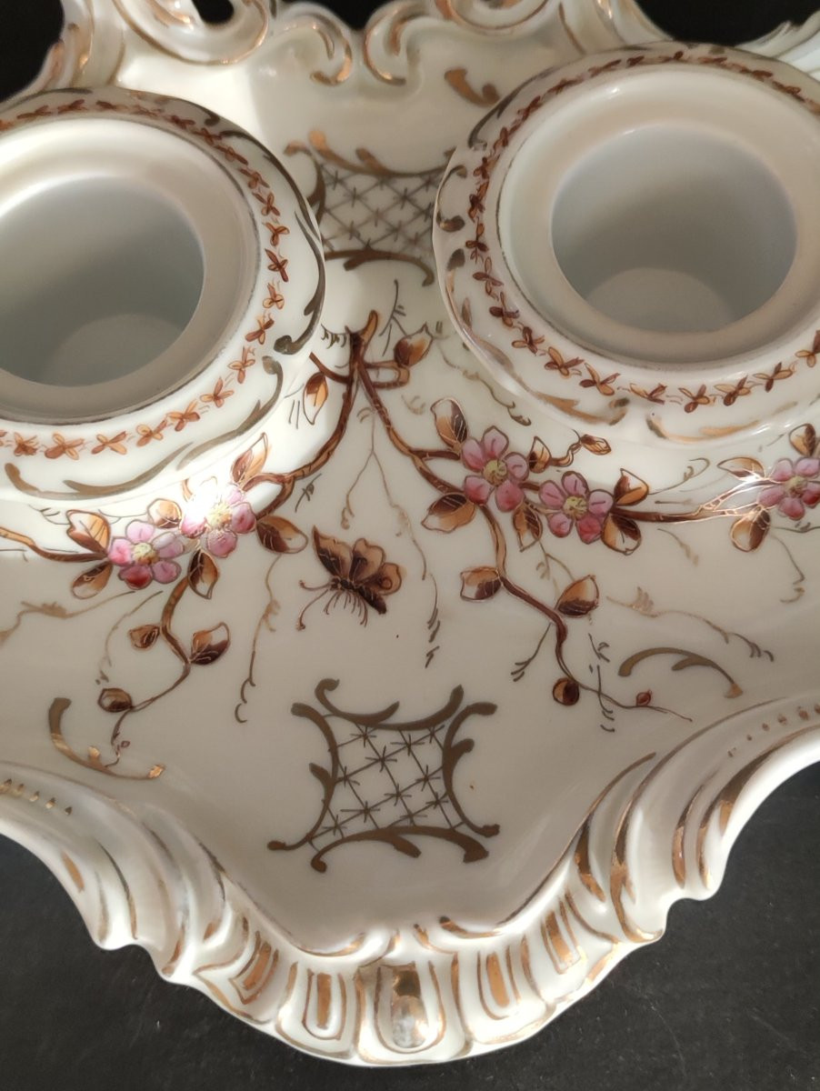 Spode English Porcelain Double Inkwell With Flower And Butterfly Decor, 19th Century-photo-3