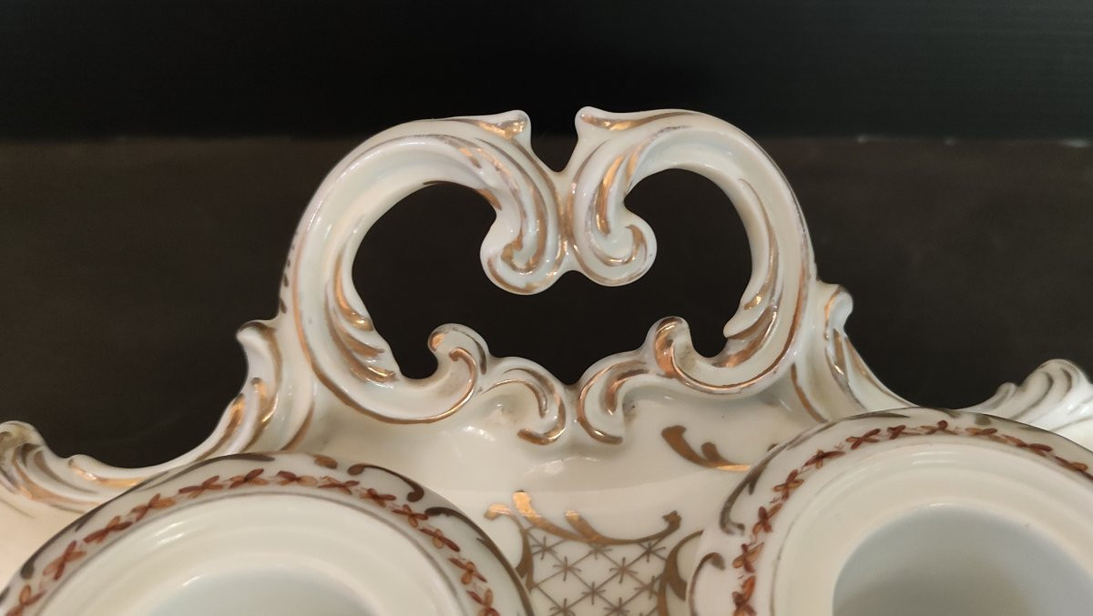 Spode English Porcelain Double Inkwell With Flower And Butterfly Decor, 19th Century-photo-4
