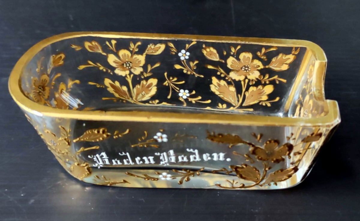 REPOSE-CIGARES CRISTAL DECOR FLORAL EMAILLE DORE  BADEN BADEN ART NOUVEAU