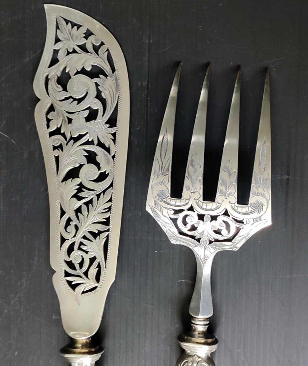 2 COUVERT A POISSON ARGENT CISELE POINCON MINERVE HS SOUFFLOT HENRI XIXé MONOGRAMME BB-photo-3