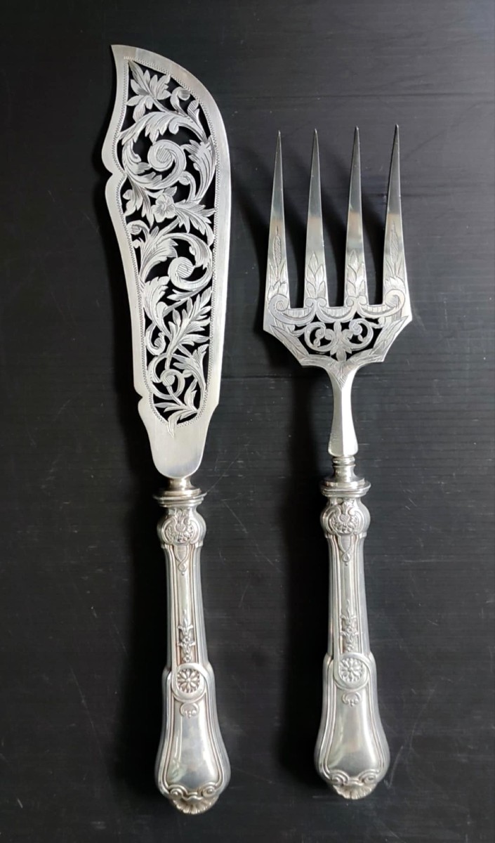 2 COUVERT A POISSON ARGENT CISELE POINCON MINERVE HS SOUFFLOT HENRI XIXé MONOGRAMME BB