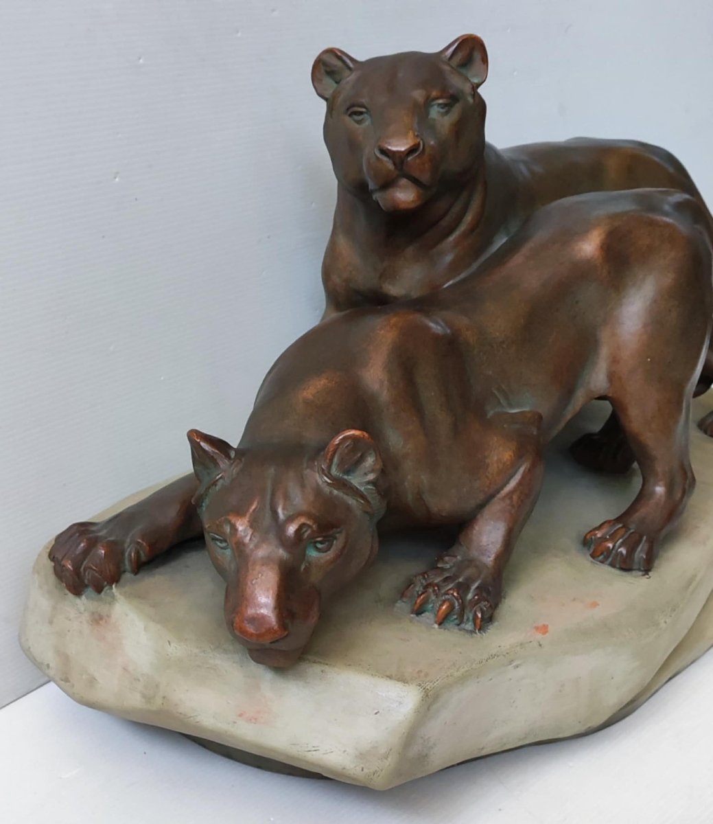 Statue Sculpture 2 Lionesses Terracotta Bronze Patina Signed Leo Amaury Art Deco-photo-2