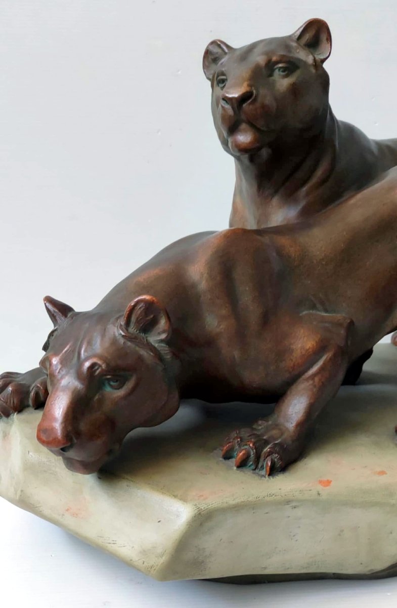 Statue Sculpture 2 Lionesses Terracotta Bronze Patina Signed Leo Amaury Art Deco-photo-1