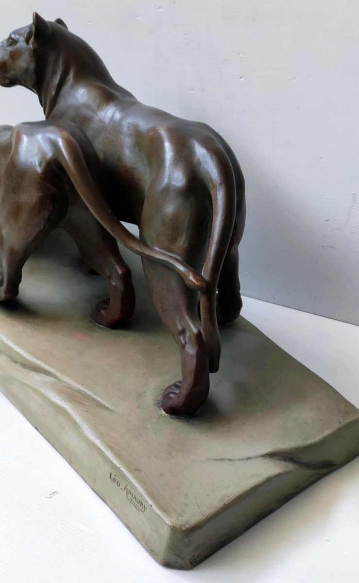 Statue Sculpture 2 Lionesses Terracotta Bronze Patina Signed Leo Amaury Art Deco-photo-2