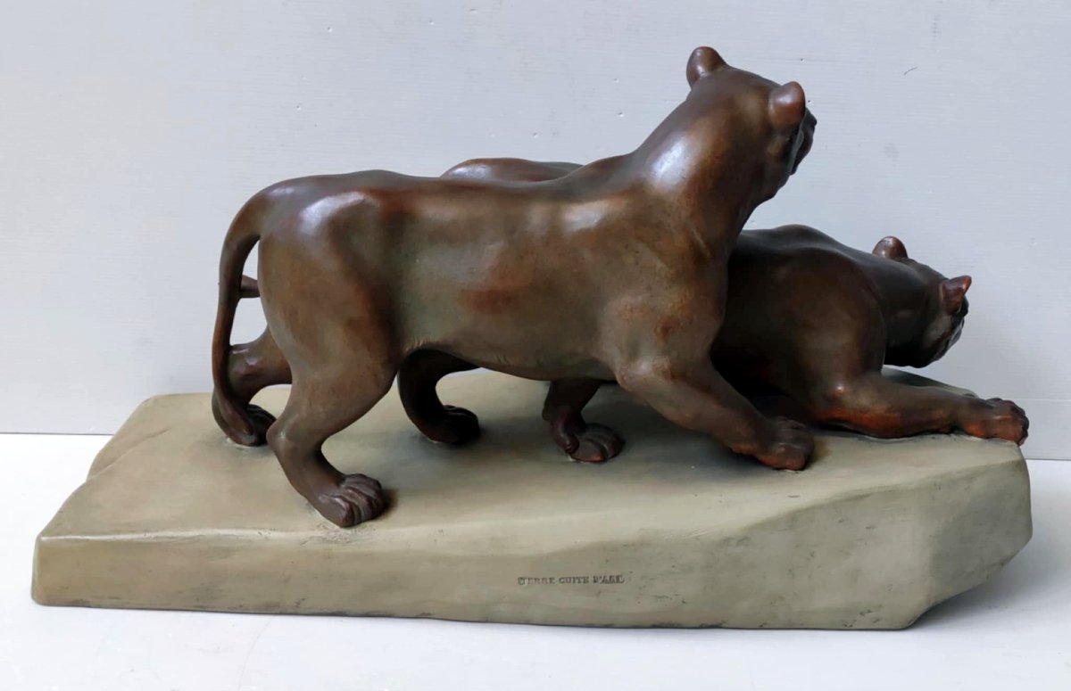 Statue Sculpture 2 Lionesses Terracotta Bronze Patina Signed Leo Amaury Art Deco-photo-4