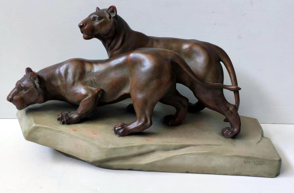 Statue Sculpture 2 Lionesses Terracotta Bronze Patina Signed Leo Amaury Art Deco