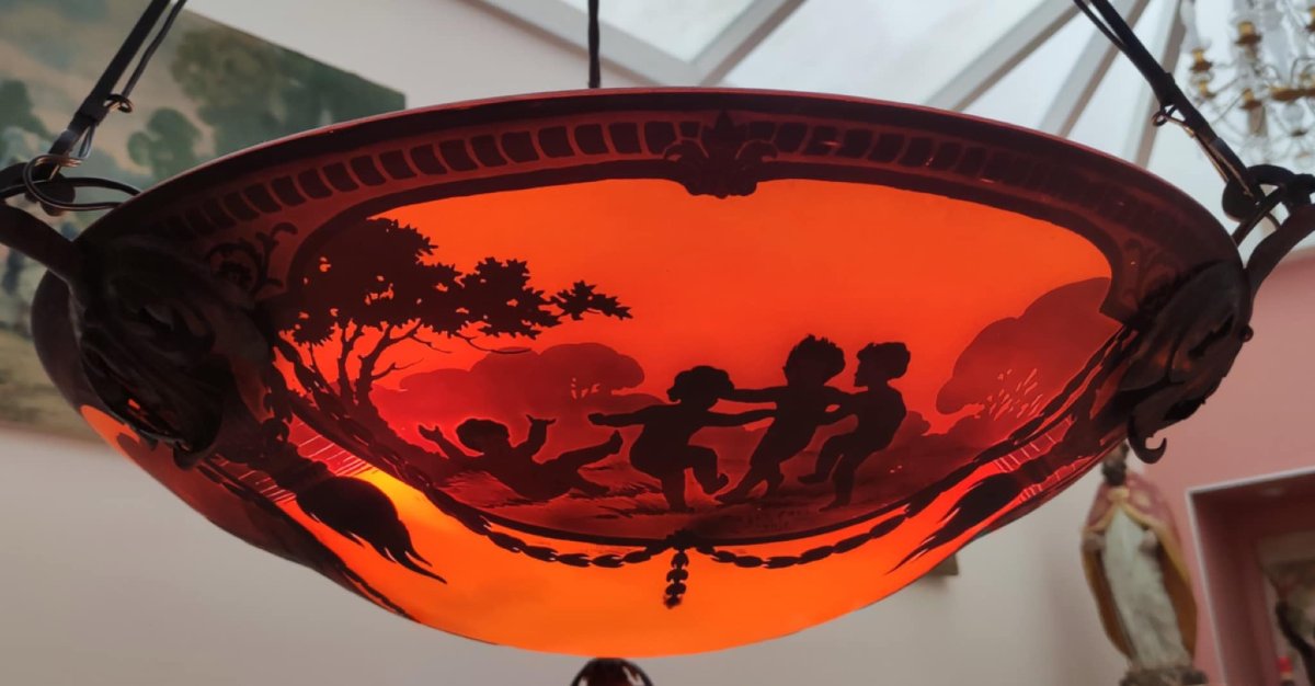 MULLER FRES LUNEVILLE LUSTRE ART NOUVEAU PATE DE VERRE GRAVE SCENES DE PUTTI MUSICIEN 1900 -photo-3