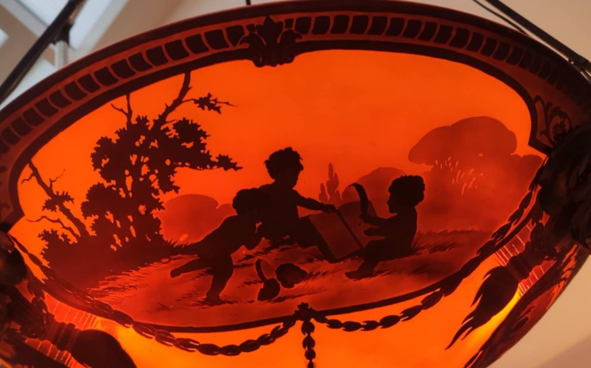 MULLER FRES LUNEVILLE LUSTRE ART NOUVEAU PATE DE VERRE GRAVE SCENES DE PUTTI MUSICIEN 1900 -photo-4