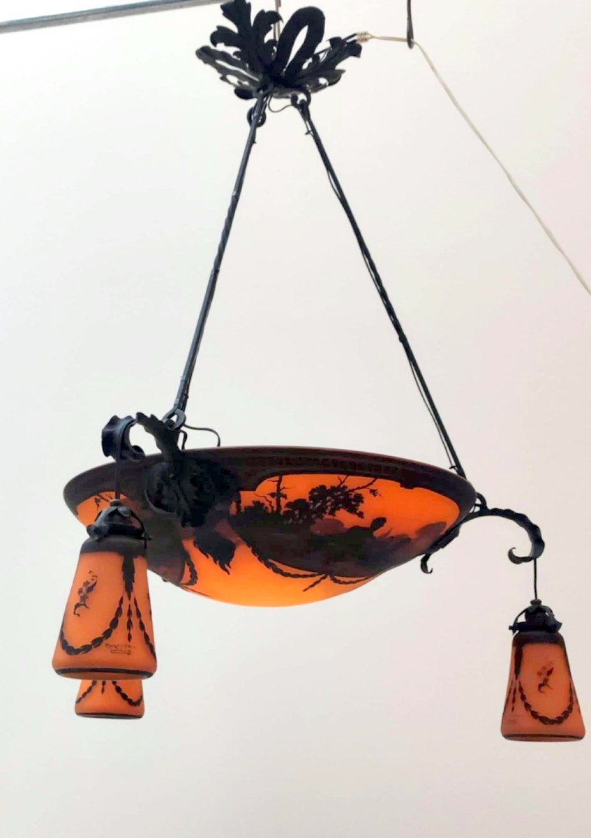 MULLER FRES LUNEVILLE LUSTRE ART NOUVEAU PATE DE VERRE GRAVE SCENES DE PUTTI MUSICIEN 1900 -photo-2