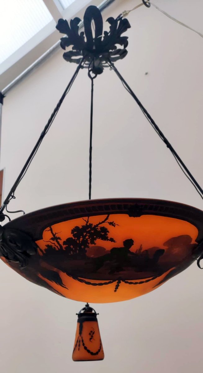 MULLER FRES LUNEVILLE LUSTRE ART NOUVEAU PATE DE VERRE GRAVE SCENES DE PUTTI MUSICIEN 1900 -photo-4