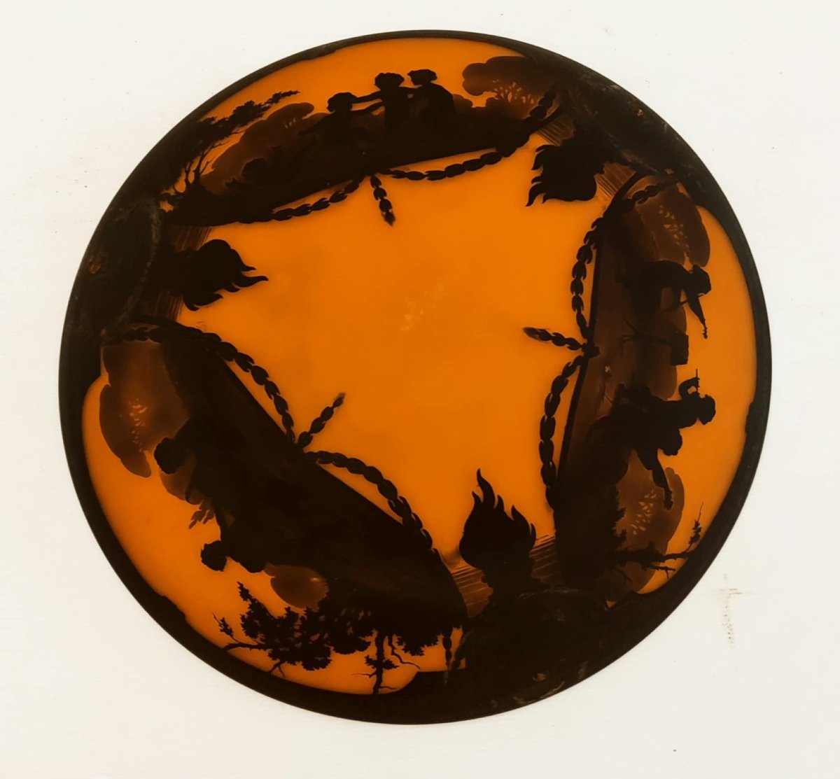 MULLER FRES LUNEVILLE LUSTRE ART NOUVEAU PATE DE VERRE GRAVE SCENES DE PUTTI MUSICIEN 1900 -photo-5