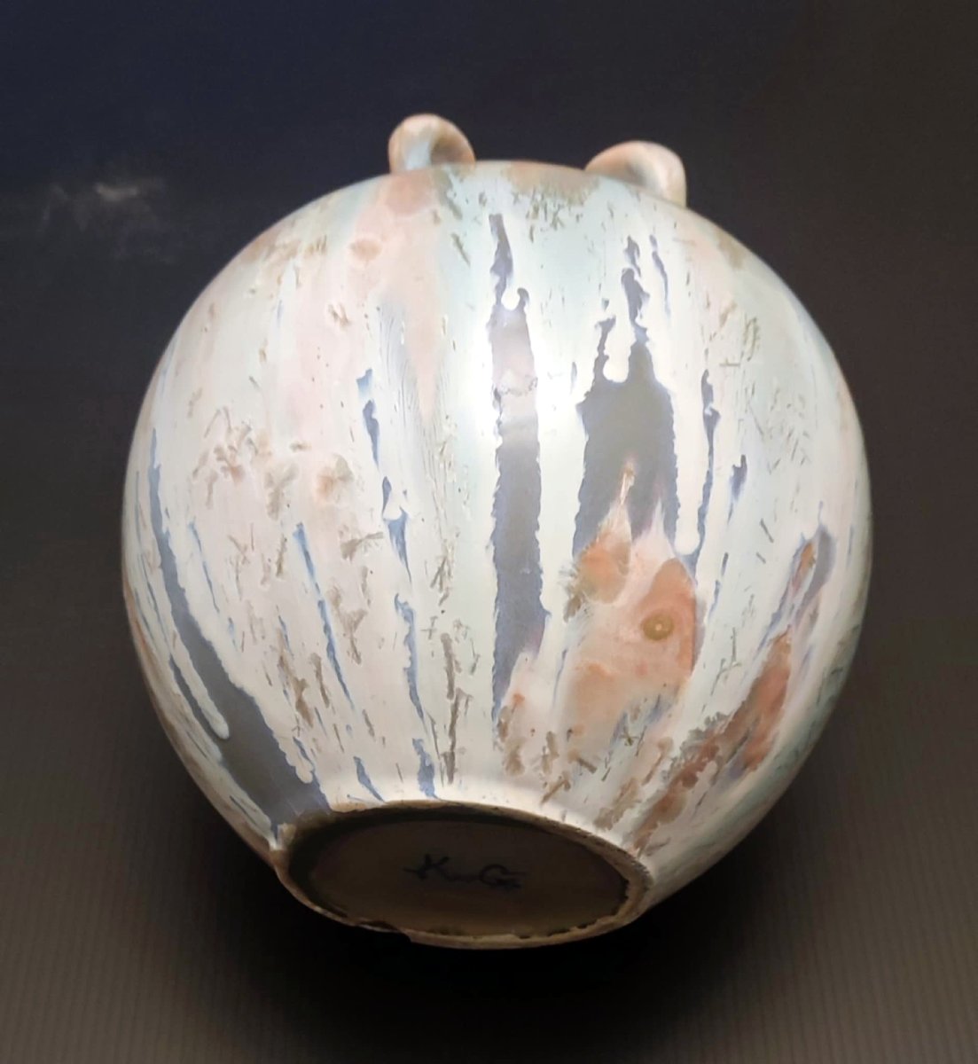 VASE BOULE GOURDE GRES FLAMME SIGNE EN CREUX KG LUNEVILLE ART NOUVEAU 1890-photo-1